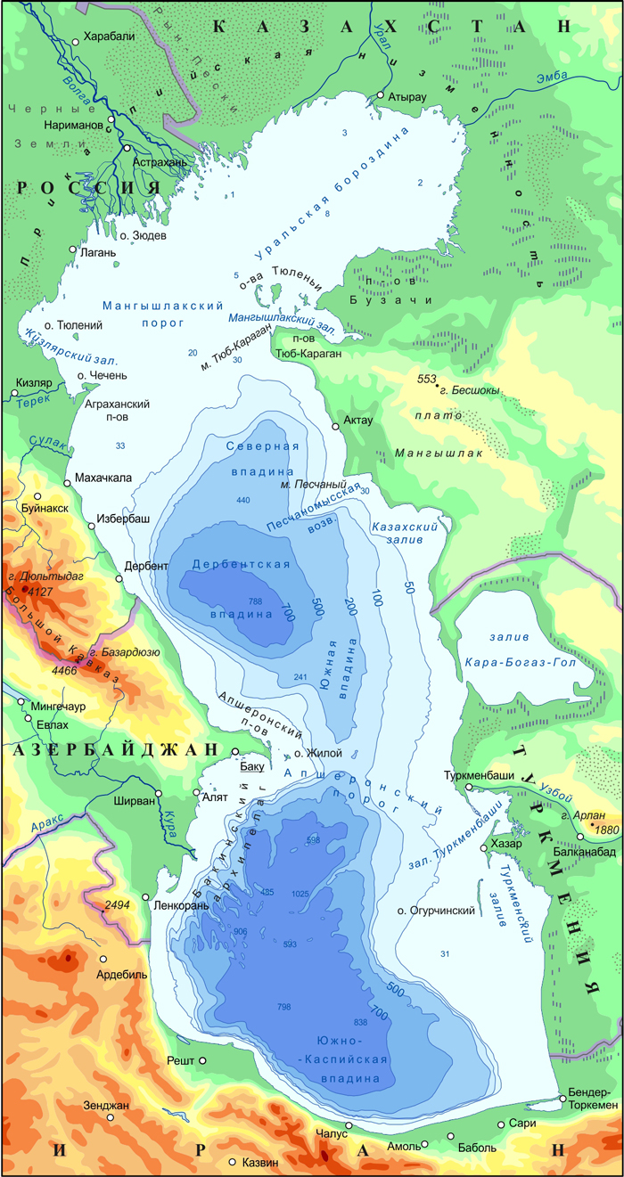 Какие страны омывает каспийское море карта побережья